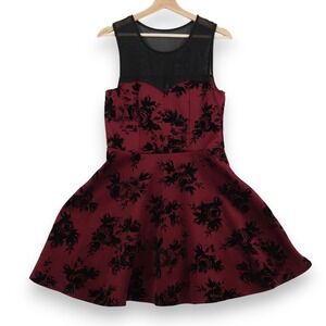 Trixxi Dress XL Burgundy Black Floral Mesh Sheer Skater Gothic Romantic *FLAW*